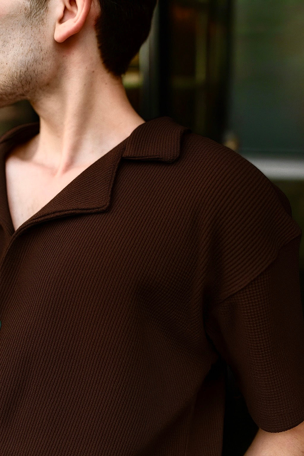 Waffle Knitted Button-up Cuban Collar Shirt