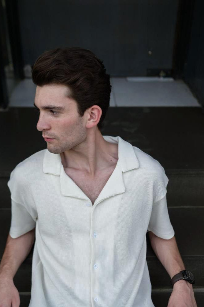 Waffle Knitted Button-up Cuban Collar Shirt