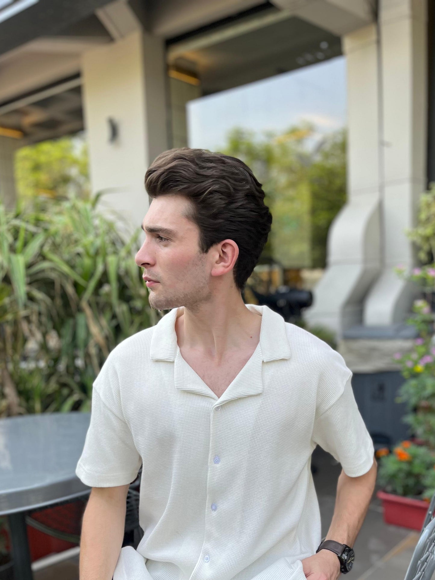 Waffle Knitted Button-up Cuban Collar Shirt