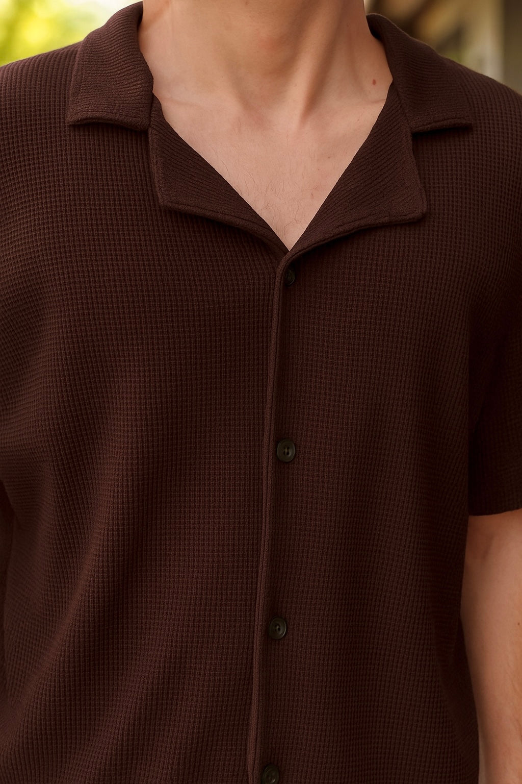 Waffle Knitted Button-up Cuban Collar Shirt
