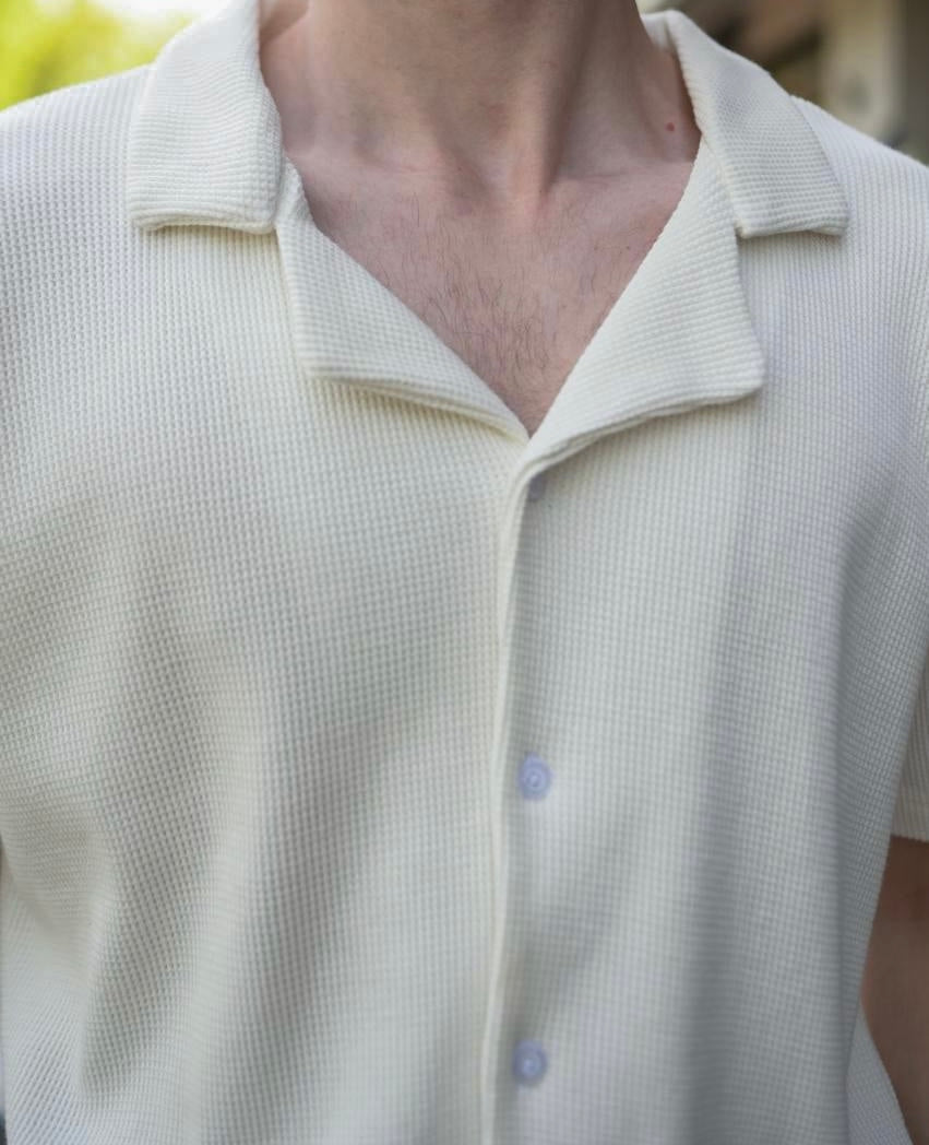 Waffle Knitted Button-up Cuban Collar Shirt